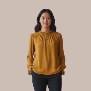 Adrianna Papell Womens M Yellow Long Sleeve Ruffle Neck Polka Dot Blouse